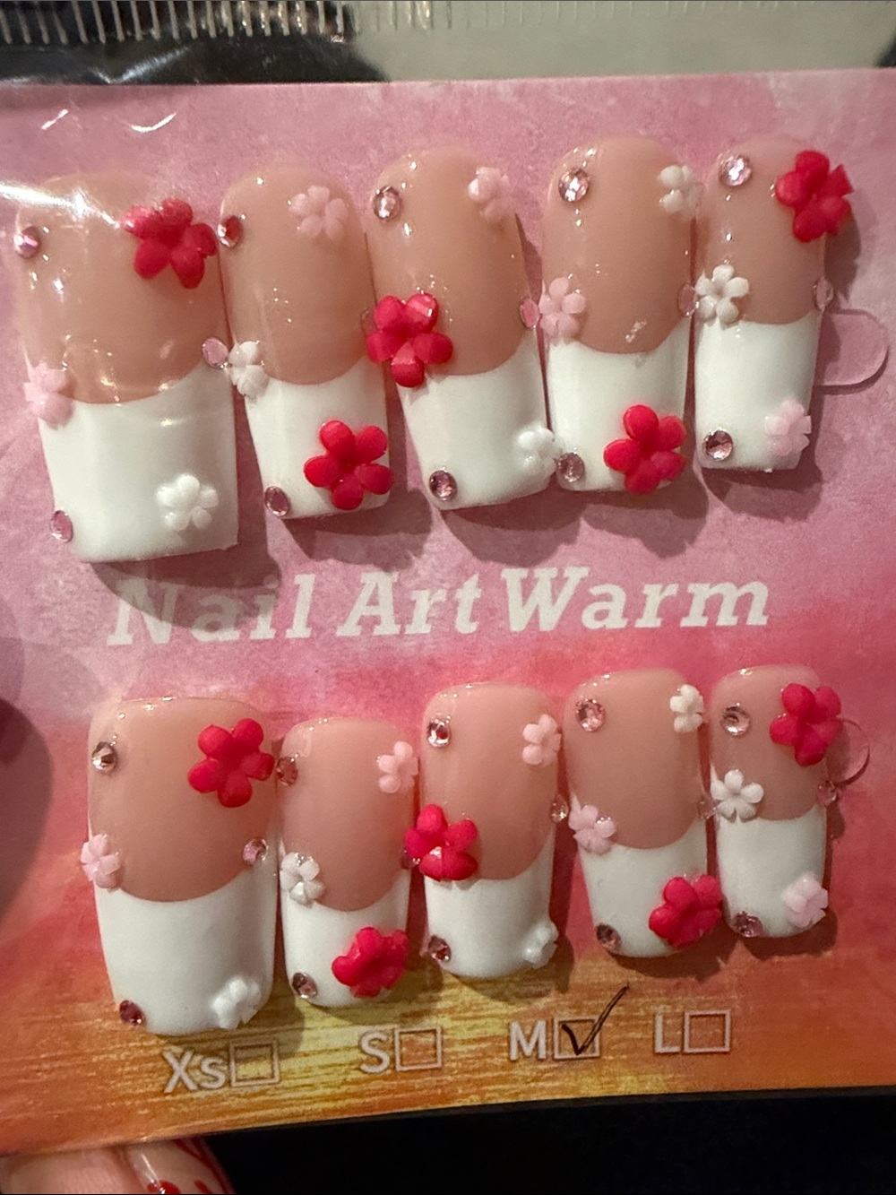 Nude & White Floral French Press-On Nails with Pink Accents